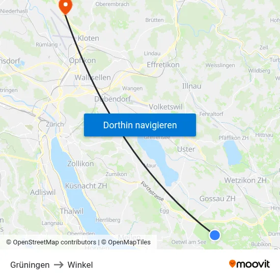 Grüningen to Winkel map