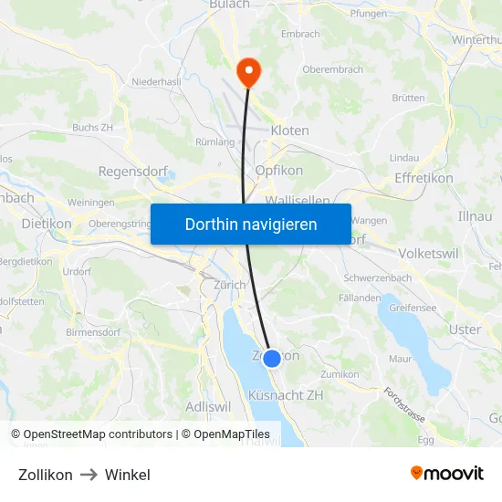 Zollikon to Winkel map