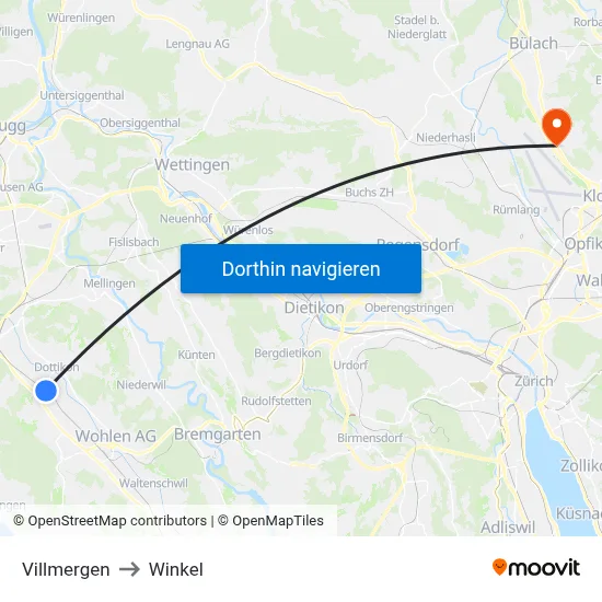 Villmergen to Winkel map