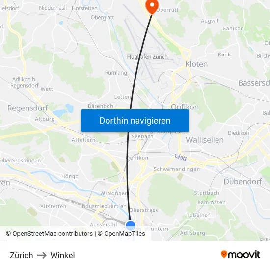 Zürich to Winkel map