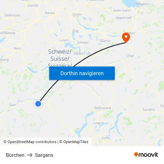 Bürchen to Sargans map