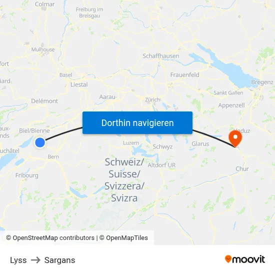 Lyss to Sargans map