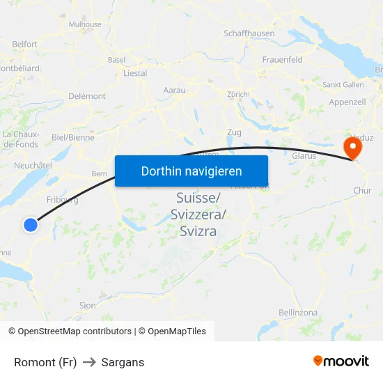 Romont (Fr) to Sargans map