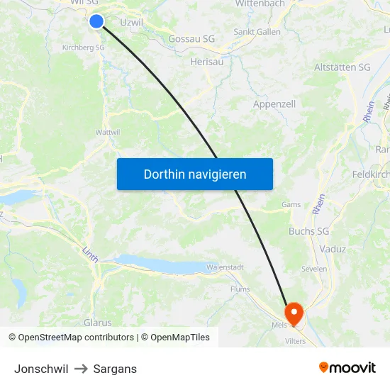 Jonschwil to Sargans map