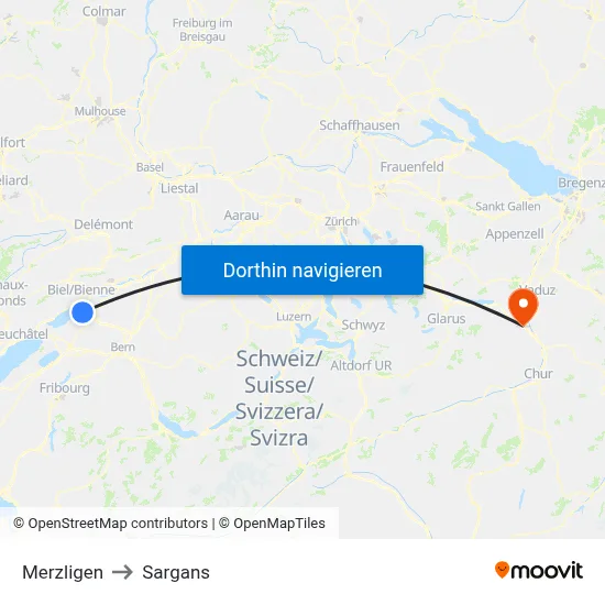Merzligen to Sargans map