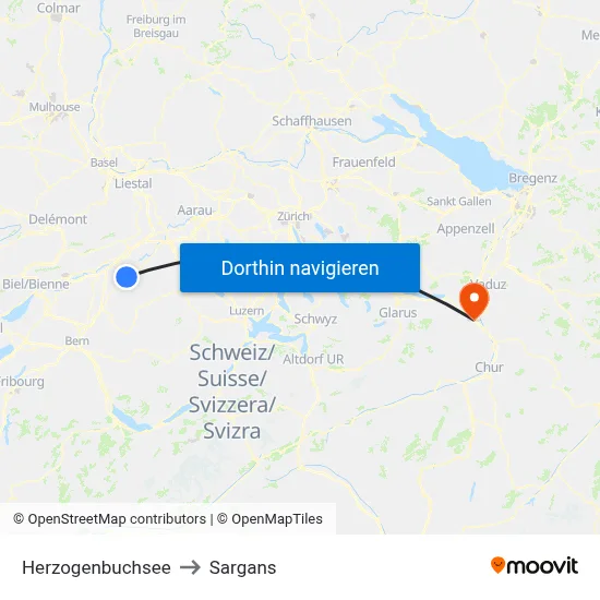 Herzogenbuchsee to Sargans map