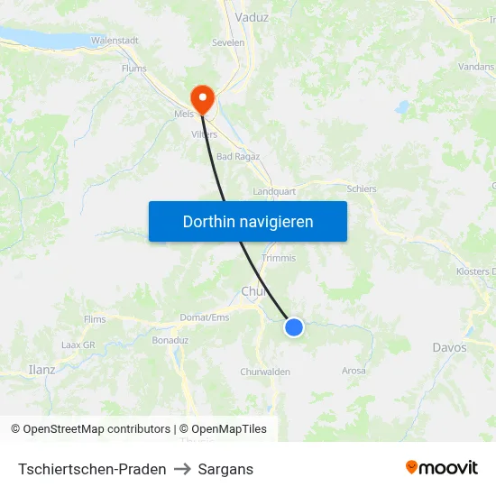 Tschiertschen-Praden to Sargans map