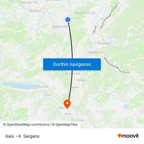 Gais to Sargans map