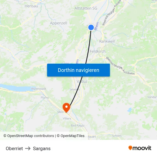 Oberriet to Sargans map