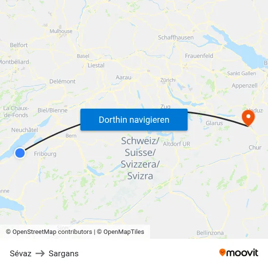 Sévaz to Sargans map