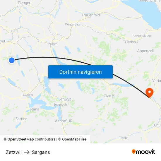 Zetzwil to Sargans map