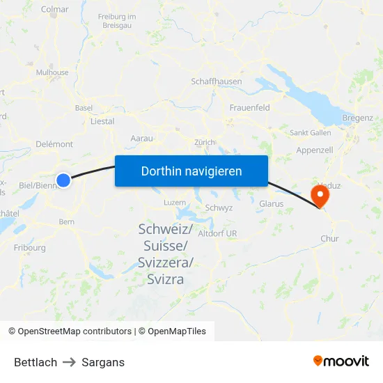 Bettlach to Sargans map