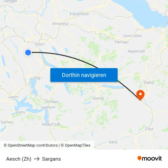 Aesch (Zh) to Sargans map