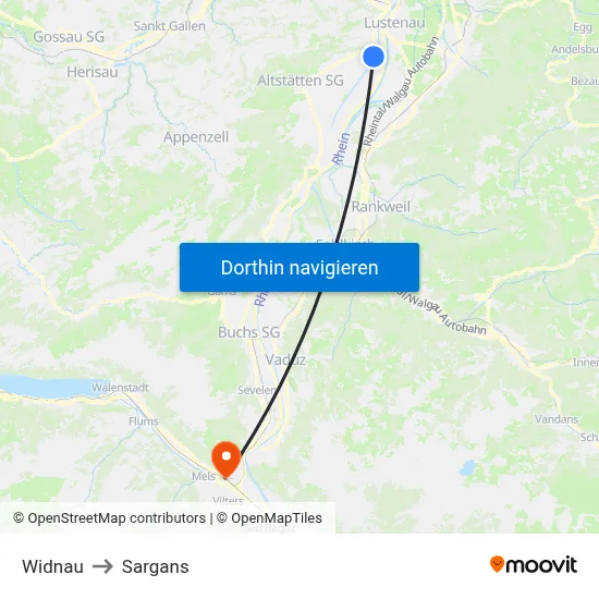 Widnau to Sargans map