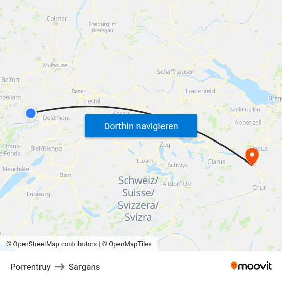 Porrentruy to Sargans map