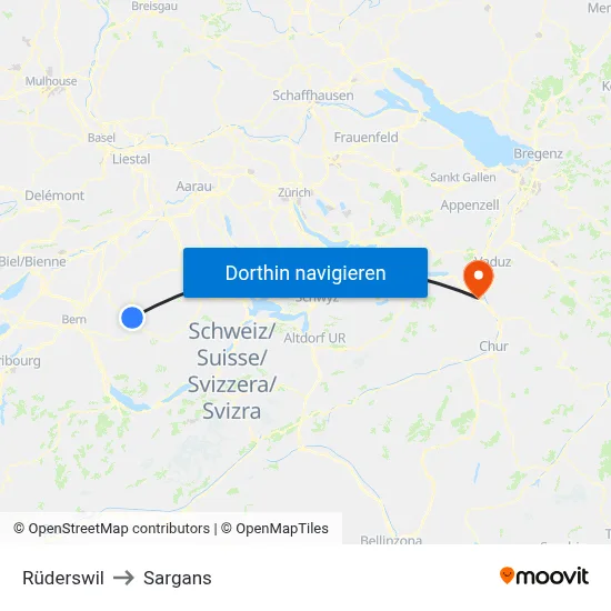 Rüderswil to Sargans map