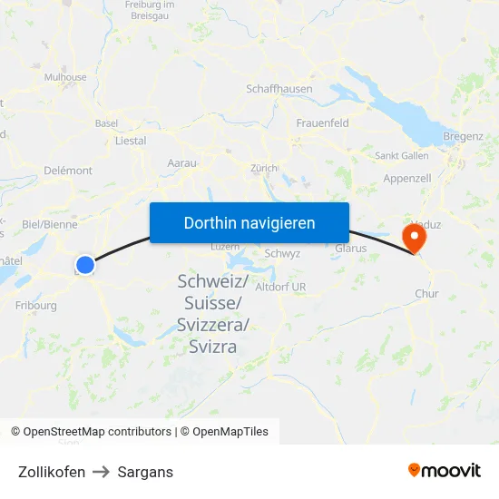 Zollikofen to Sargans map