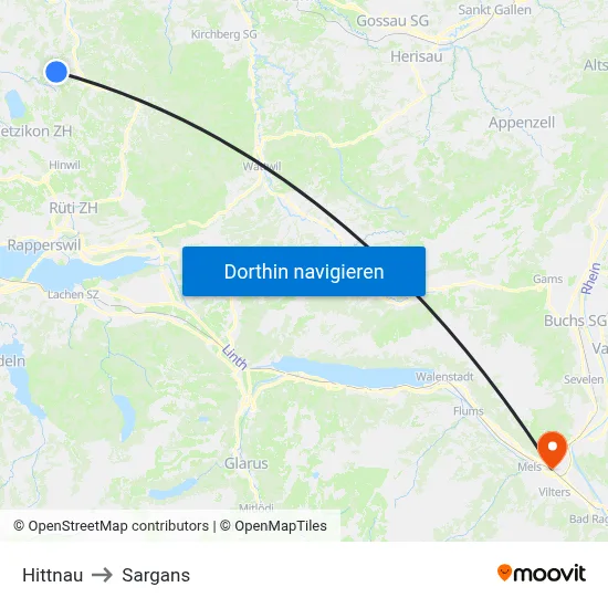 Hittnau to Sargans map