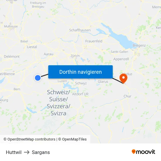 Huttwil to Sargans map