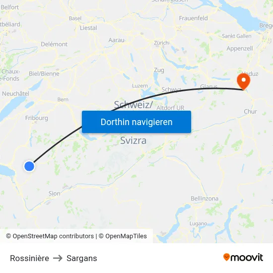 Rossinière to Sargans map