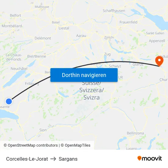 Corcelles-Le-Jorat to Sargans map