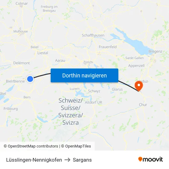 Lüsslingen-Nennigkofen to Sargans map