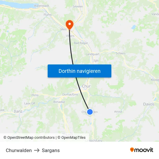 Churwalden to Sargans map