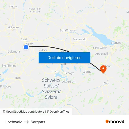 Hochwald to Sargans map