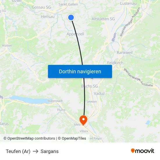 Teufen (Ar) to Sargans map