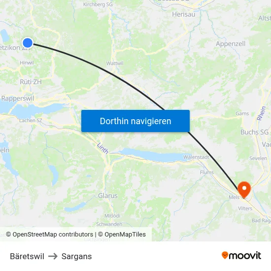 Bäretswil to Sargans map