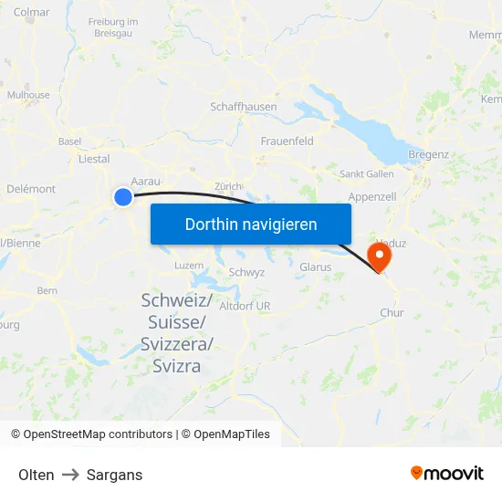 Olten to Sargans map