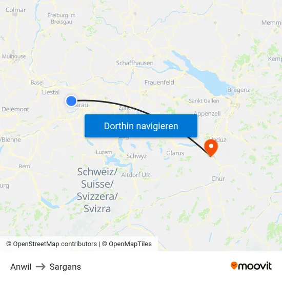 Anwil to Sargans map