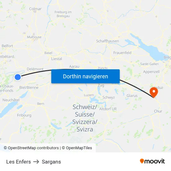 Les Enfers to Sargans map