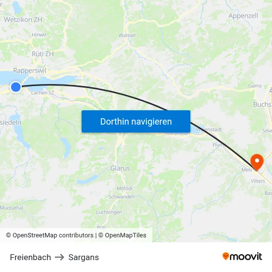 Freienbach to Sargans map