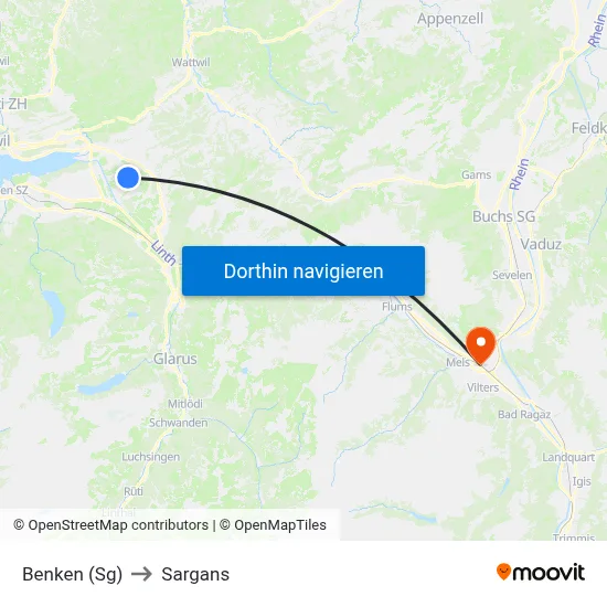 Benken (Sg) to Sargans map