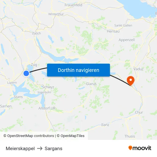 Meierskappel to Sargans map