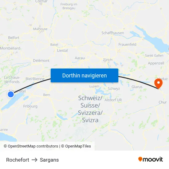 Rochefort to Sargans map