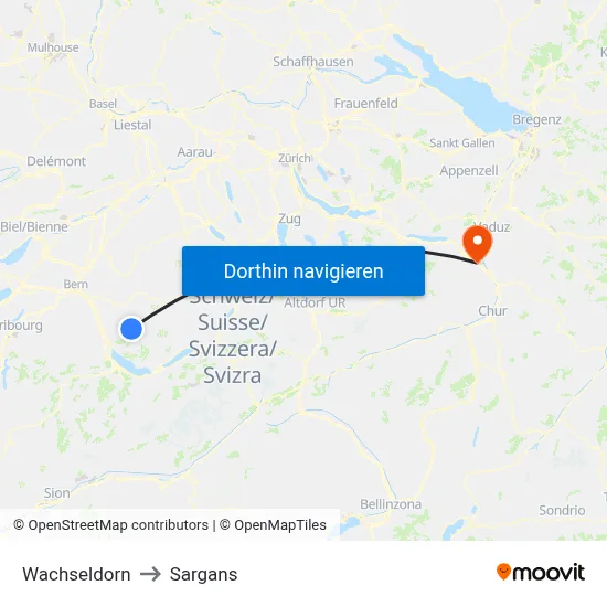 Wachseldorn to Sargans map