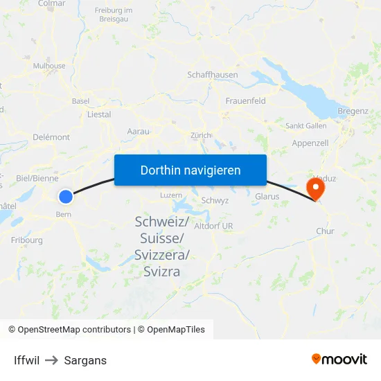 Iffwil to Sargans map