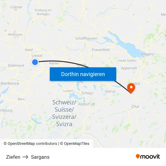 Ziefen to Sargans map