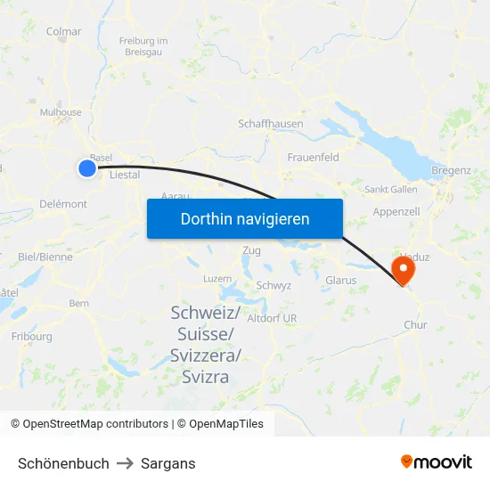 Schönenbuch to Sargans map