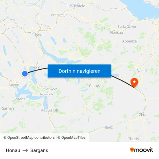 Honau to Sargans map