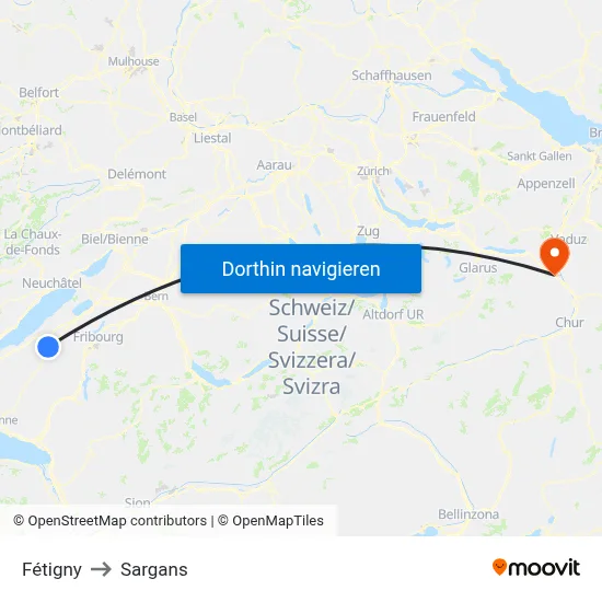 Fétigny to Sargans map