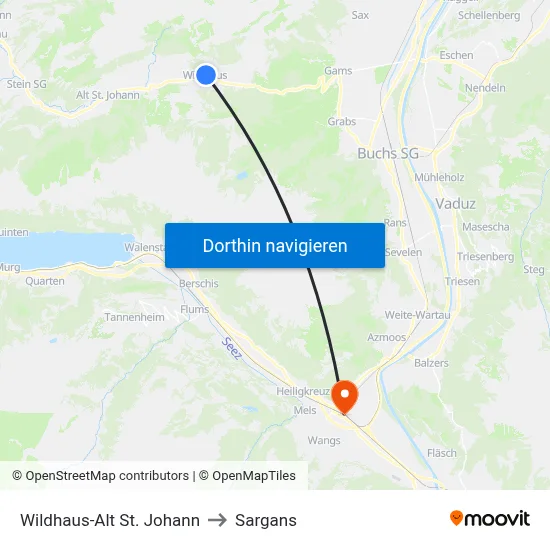 Wildhaus-Alt St. Johann to Sargans map