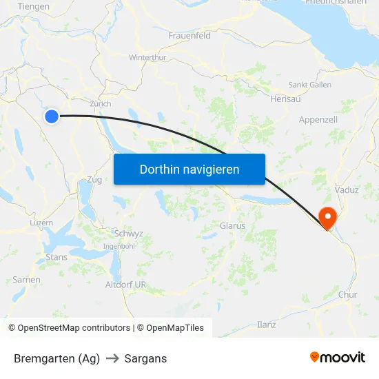 Bremgarten (Ag) to Sargans map