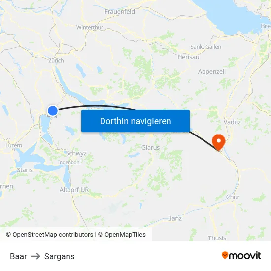 Baar to Sargans map