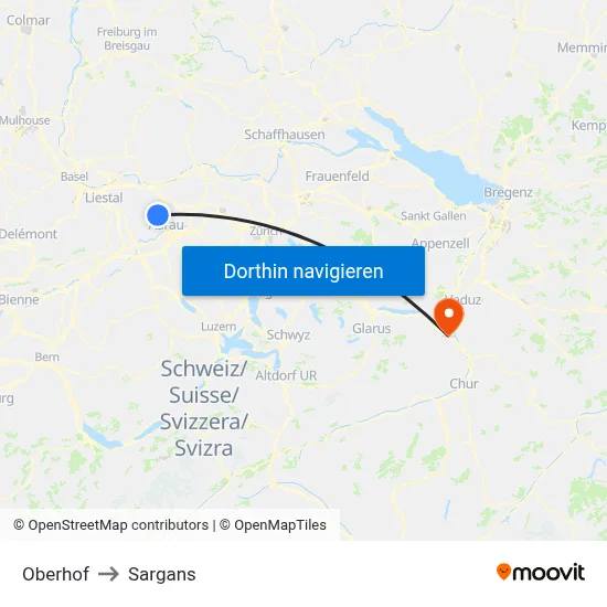 Oberhof to Sargans map
