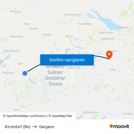 Kirchdorf (Be) to Sargans map