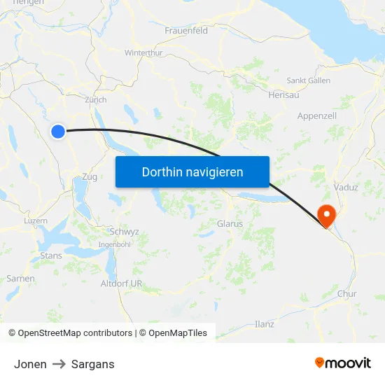 Jonen to Sargans map