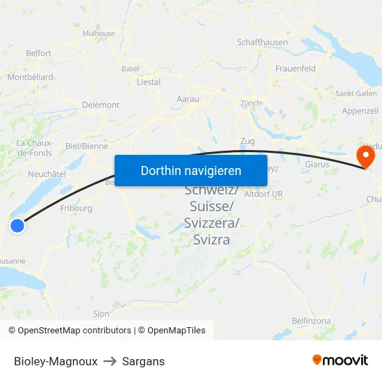 Bioley-Magnoux to Sargans map
